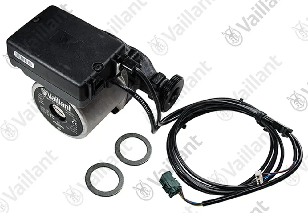 Vaillant Pumpe mit Motor und Kabelanschlüssen, einschließlich zwei Dichtungen, zur Verwendung in Heizungsanlagen.